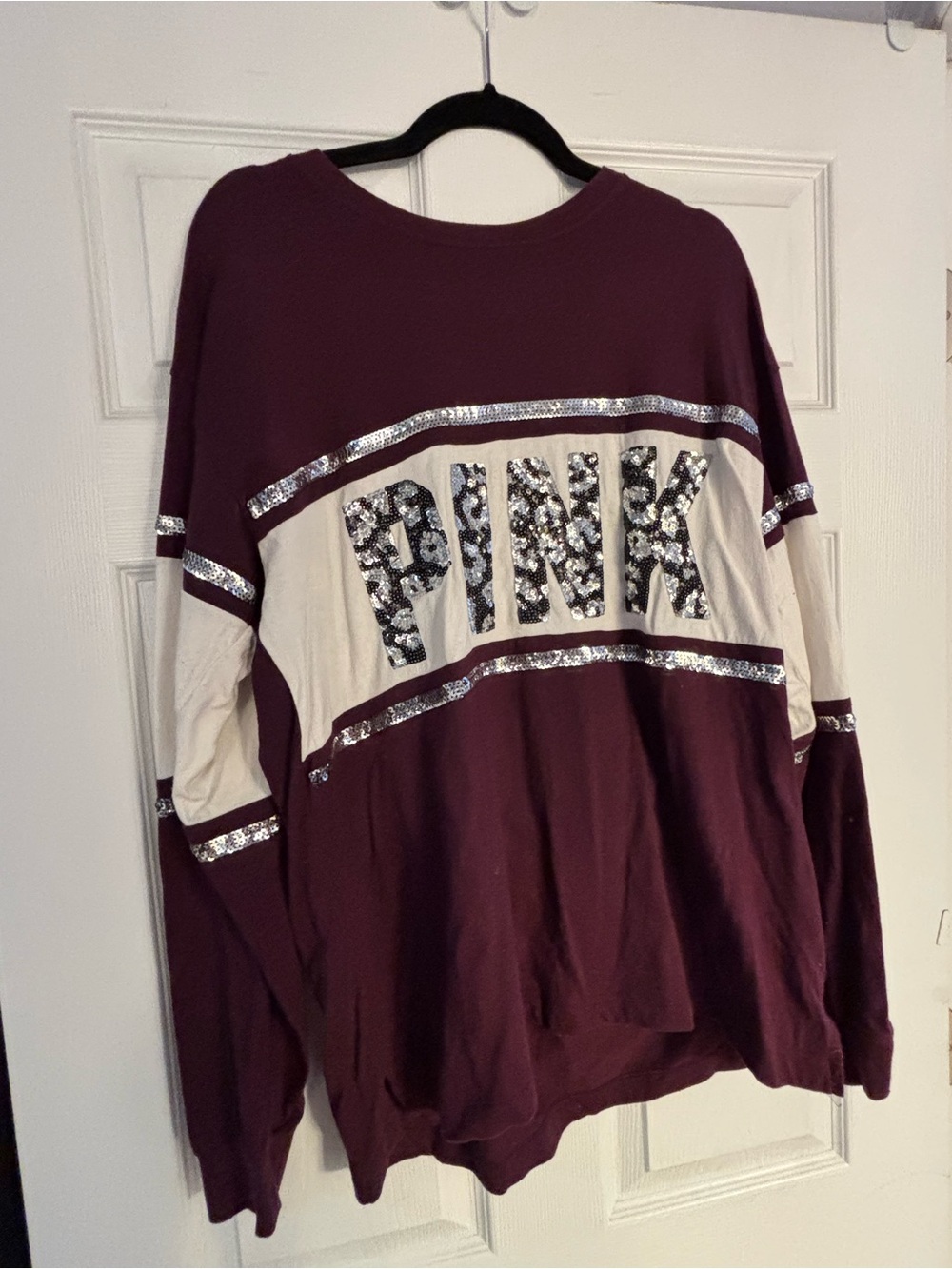 PINK Victoria's Secret Burgundy and White Sequin Logo Pullover